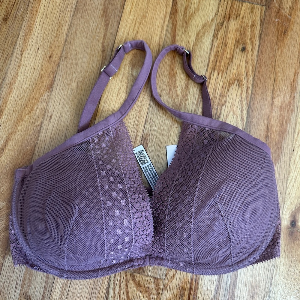 Victoria’s Secret Plunge Lace Mesh Mauve Purple Underwire Bra 32DD Lingerie